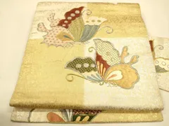 平和屋着物●アンティーク　大正ロマン　九寸名古屋帯　総刺繍　駒刺繍　舞蝶文　金銀糸　正絹　逸品　CAAR1475hy
