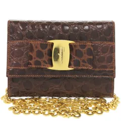 美品 サルヴァトーレフェラガモ チェーンショルダー ヴァラリボン AQ213202 型押しレザー ブラウン ショルダーバッグ 茶 0859 Salvatore Ferragamo