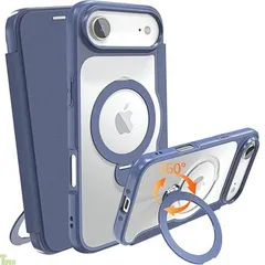 IIKAYO iPhone 17 Air 用 ケース 手帳型 カード収納 背面クリア MagSafe対応 リング付き 360°回転スタンド軽い 薄型 耐衝撃 全面保護 縦横両対応 レザー素材 マグセーフ対応 おしゃれ 青 a