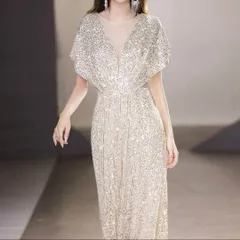 スパンコールが美しい フレンチスリーブ イブニングドレス