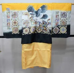 七五三 五歳 男児 羽織・着物・襦袢3点セット L寸 豪華絢爛 綸子地 オレンジ地 鷹 お仕立て無料 祝着 NO37750-2