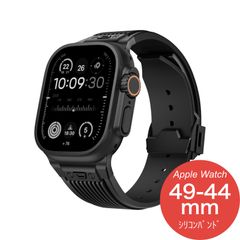 【Apple Watch Series 10/9・Ultra・SE 第2/1世代・49mm/46mm/45mm/44mm】バンド アップルウォッチ ベルト シリコン ステンレス セット スポーツ メンズ 夏 ウルトラ 高級 Dバックル（ブラック/ブラック）❶