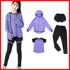 ロングタイツ 吸汗速乾 パーカー 通気 伸縮性 ジャージ 半袖 フィットネス 4/5点セット ランニングウェア上下 短パンツ トレーニングウェア ヨガウェア 女の子 春夏秋冬 子供服スポーツウェア [HYJEAL]