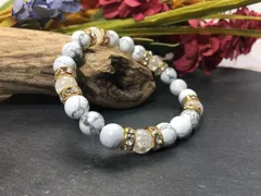 パワーストーン ブレスレット ハウライト&クラック水晶  天然石 (ゴールド) 8mm レディース  ●