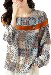 J-Scott ジェイスコット パッチワーク柄ブラウス ブローチ付き パールボタン プロヴァンスプリント ラウンドネック 長袖(XL)