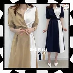 シャツワンピース ロング レディース韓国 上品 ミモレ丈 ワンピース 配色夏服 Vネック スキッパー 大人ワンピース ウエストマーク 体型カバーワンピオルチャン 半袖ワンピース韓国 オフィスカジュアル ハイウエスト 通勤 3XAYAT-021