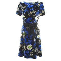 スーパービューティ Super Beauty 花柄 半袖 ワンピース 膝丈 40 黒系 ブラック ビジュー 刺繍 レース 裏地 ストレッチ