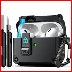 RFUNGUANGO AirPods Pro 第 2/1 世代ケースカバー 安全なロッククリップ付き、自動ポップアップケース フルボディ耐衝撃ハード保護カバー AirPods Pro 2 ケース (2023/2022/2019) 用 - ブラック