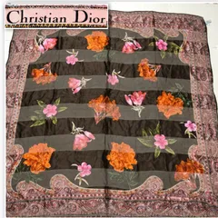 ■美品■Christian Dior クリスチャンディオール　大判スカーフ　107cm×105cm シルク100%  鐘紡製　ペイズリー　ボーダー　花柄　タグあり　ブラウン×マルチカラー