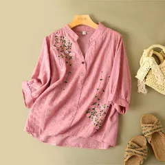 春 大きいサイズ レディース ブラウス トップス カットソー プルオーバー 花 刺繍 五分袖 ピンク L XL XXL 3XL 30代 40代 50代 60代