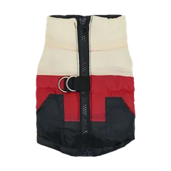 犬 服 秋 冬 Dカン付き中綿ベスト ダウン風ジャケット リード取付可能 ノースリーブ 可愛い ワンコ服 ペットウェア ドッグウェア 猫服 格好いい 小型犬 中型犬 ④ベージュ×レッド×ブラック