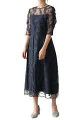 [アウニイ] パーティ ワンピース ドレス レディース 結婚式およばれワンピース パーティードレス 一.五次会 二次会 披露宴 セミ オシャレ カワイイ シンプル 上品 エレガント キレイメ 可愛い 春 服 夏 ネイビー 紺  [ネイビー / 156] [L]