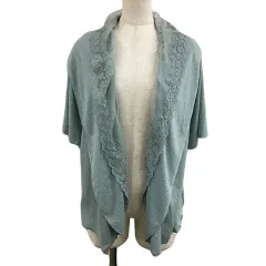 アクシーズファム axes femme カーディガン ニット 前開き ショールカラー レース 刺繍 シャーリング 五分袖 M 水色 黄緑 ライトブルー ライトグリーン