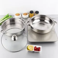 蒸し鍋 ステンレス 28cm 二段 蒸し器 せいろ ih スチーマー IH対応 ガス対応 両手鍋 中華鍋 多用途 ガラス製蓋付 蒸し用プレート付属 二段