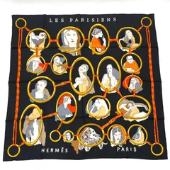極美品 HERMES エルメス カレ90 スカーフ シルク  LES PARISIENS ブラック ｘ ゴールド