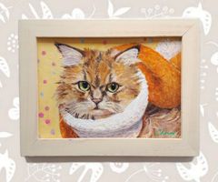 『　マフラーを巻いた猫　』　油絵　油彩画　猫　手描き