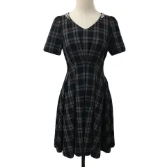 レストローズ L'EST ROSE ワンピース フレア 膝丈 ビジュー チェック 半袖 M 黒 茶 ブラック ブラウン