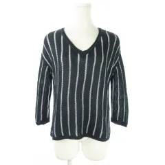 ジャーナルスタンダード レリューム JOURNAL STANDARD relume ニット セーター シアー サマー Vネック 七分袖 麻混 リネン混 ストライプ 総柄 F 紺 ネイビー /AO9