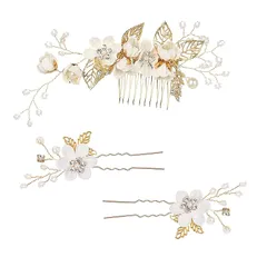 髪飾り ヘアアクセサリー ヘッドドレス 花 パール ヘアピン 和装髪飾り 3点セット フラワー コーム Uピン ヘアピン ウェディング 成人式 七五三 パーティー 披露宴 卒業式 入学式 和装 ヘアアクセサリー PureSino (A-WHITE)