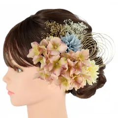 髪飾り 成人式 水引 振袖 前撮り 袴 花 菊 カスミソウ 7点セット ピンク 白 青 ゴールド 玉飾り 造花 トレンド 華奢 Ｕピン 小 No.12-0781