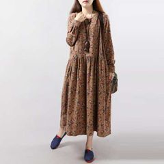 ワンピース レディース ロングワンピース リネンワンピース リゾート コットン リネン 綿麻 花柄 ロング マキシ丈 プリーツ きれいめ Aライン フレア 麻 長袖 大きいサイズ 大人 上品 森ガール