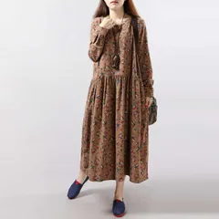 ワンピース レディース ロングワンピース リネンワンピース リゾート コットン リネン 綿麻 花柄 ロング マキシ丈 プリーツ きれいめ Aライン フレア 麻 長袖 大きいサイズ 大人 上品 森ガール