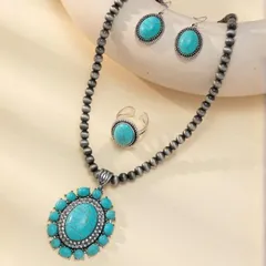 ターコイズブルーネックレス・ピアス・リング3点セットユニセックス