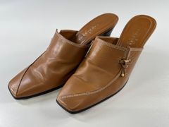 ★美品 TRUSSARDI トラサルディ ミュール サンダル レディース レザー 本革 ブラウン サイズ23㎝ 7㎝ヒール 日本製 中古品