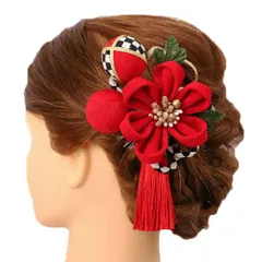 髪飾り 成人式 つまみ細工 赤 振袖 前撮り 袴 浴衣 夏祭り 花火大会 豪華3点セット 白 黒 市松 ちりめん 玉飾り 房付き 和柄 No.9-4051