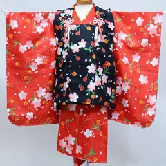 七五三 三歳 女児 被布着物フルセット 赤色×黒色 百花繚乱 半衿付き 3歳 3才 三才 女の子 祝着 お仕立て無料 NO38048