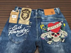 Ed Hardy スカル刺繍デニムパンツ ジーンズ エドハーディー刺繍デニムパンツペイントロゴスカルダメージ加工