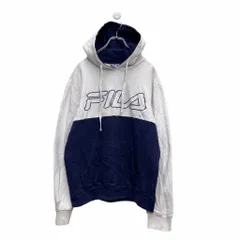 FILA ロゴ スウェット パーカー M ホワイト ネイビー フィラ スポーツ ストリート フーディー 古着卸 アメリカ仕入 a508-5974