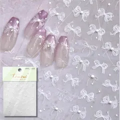 K-Bom ネイルシール リボン レース パール 張るだけ ネイルパーツ ネイルチップ ネイルアート ジェルネイルシール デコパーツ 蝶々 細リボン セルフネイル(ホワイト,  レースA)