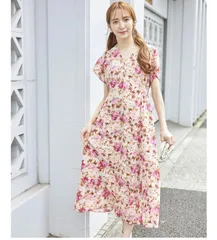 【新品未開封】トッコクローゼットワンピース飾り釦付きVネックフラワープリントワンピース ベージュブラック