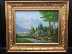 片山芳水「信州」F6 油彩 額装 風景画 古民家 日本の原風景 作者カード
