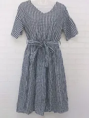 ◇ ◎ Doux archives ドゥアルシーヴ チェック Vネック 五分袖 膝丈 ワンピース サイズM ブラック ホワイト レディース P  【1301300003500】