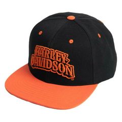 Harley-Davidson ハーレーダビッドソン メンズ 刺繍 ライディングアウト フラットバイザー ベースボール キャップ ブラック オレンジ