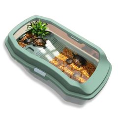【人気商品】亀の水槽 飼育ケース 亀水槽 カメ かめ 大きい 亀 飼育 45×27×14cm 水槽 フェンス付 脱出防止 爬虫類 Sawar 飼育ボックス ３層構造 亀との癒やし空間 Lov (グリーン 大)