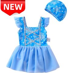 ✨新品✨子供水着 女の子 プリンセス 雪の結晶柄 水色 フリル袖 チュールスカート UPF50+ 日焼け防止 スイムキャップ付き ワンピース水着 100-130cm 銀トリム キッズ用 プール 海水浴 夏休み 可愛い 水遊び