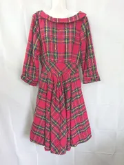 ◇ ⊆ pinup collection チェック柄 長袖 膝下丈 フレア ワンピース サイズM レッド系 レディース E  【1507160005849】