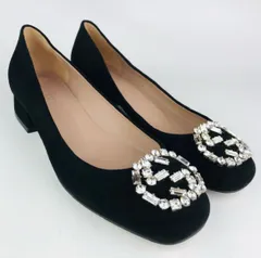 新品未使用★GUCCI★グッチ・レディース スエードレザー インターロッキングGGクリスタルビジュー付き チャンキーヒール パンプス(36)イタリア製 靴 カジュアル ブラック ブランド 秋冬物