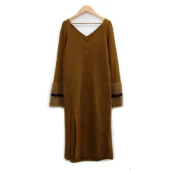ナノ&コー nano&co ナノユニバース ニットワンピース 長袖 ロング丈 Vネック ファー スリット ウール混 F ブラウン 茶色 /MS28