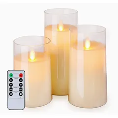 K-222 Homemory 揺らめく炎なしキャンドル 電池式 アクリルLEDピラーキャンドル リモコンとタイマー付き ガラス効果 ホワイト 3個セット