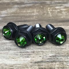 黒ステンレス＆緑クリスタルガラス 高耐久性 スワロフスキー ナンバーボルト 4本