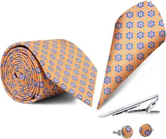 SUNOGE ネクタイ チーフ タイピン 5点セット ビジネス 結婚式 就活 入学式 卒業式 父の日 メンズ プレゼント( D15 オレンジ,  長さ145cmx大剣先幅8cm)