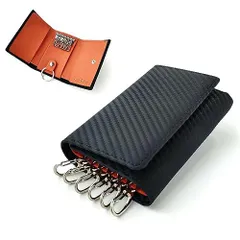 カーボンブラック×ブラウン [Pebblee キーケース 6連 財布 カードケース カーボンレザー 取り外しキーリング付（ブラック×オレンジブラウン）