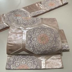 ★ 美品　つくり帯　花柄　ピンク　銀　かわいい★r0102
