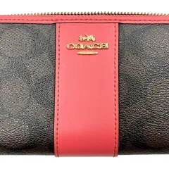 【上美品⭐️COACHコーチ】  ラウンドファスナー 長財布　 トゥルーレッド レザー　 ダークブラウン シグネチャー　 レディース　 F54630 （AYA） 24092902000NGT