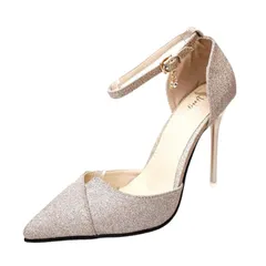 24.5 cm_ゴールド [N-Style] ハイヒール パンプス アンクル ストラップ ラメ ポインテッドトゥ レディース (24.5cm, ゴールド)