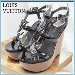 正規品 極美品 LOUIS VUITTON ルイヴィトン ウェッジソール サンダル ハイヒール LVロゴ Tストラップ 35 (約22cm)  黒 ブラック エナメル 厚底 ヒール 美脚効果